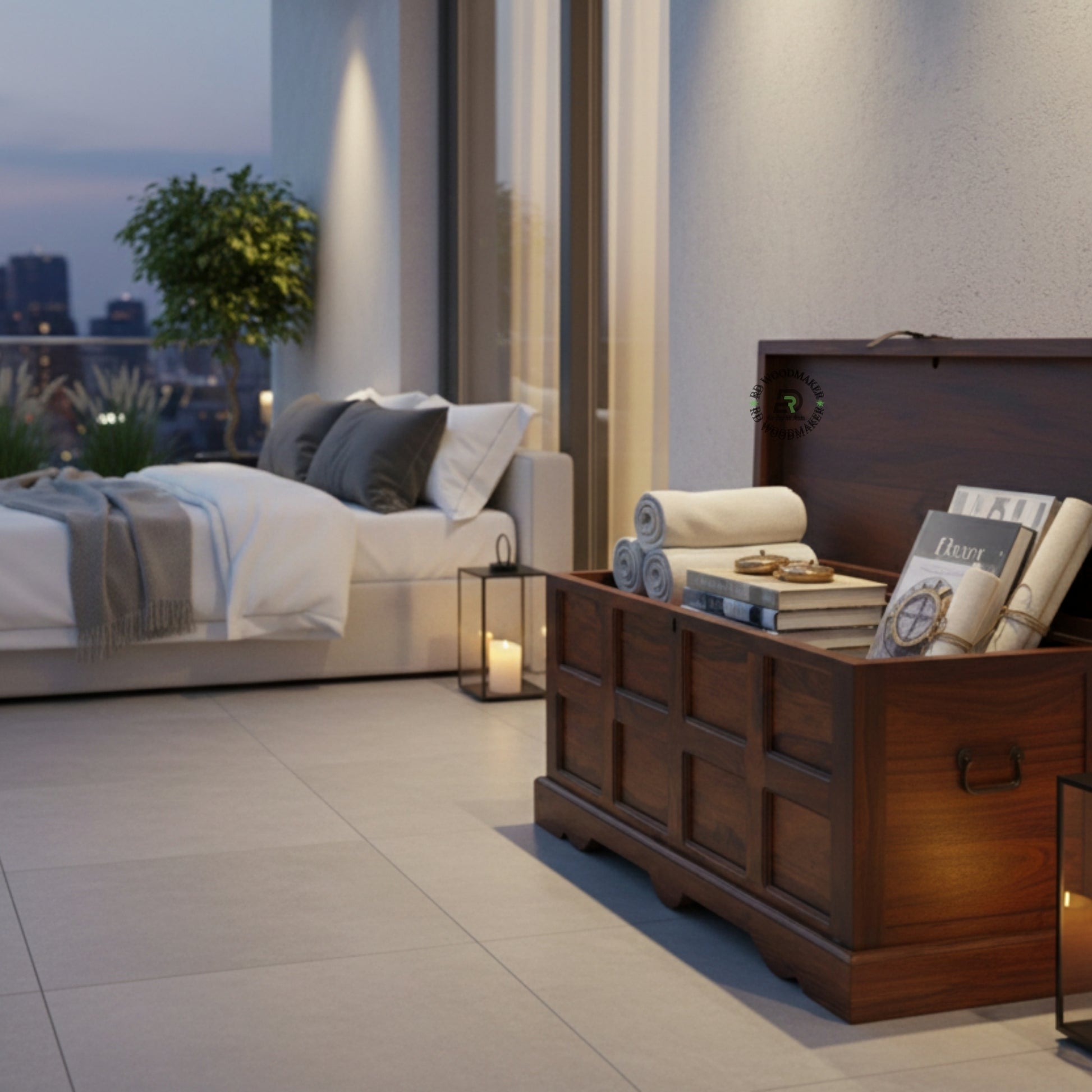 CLASSIC PANEL DESIGN SOLID WOOD STORAGE TRUNK WITH METAL LOCK