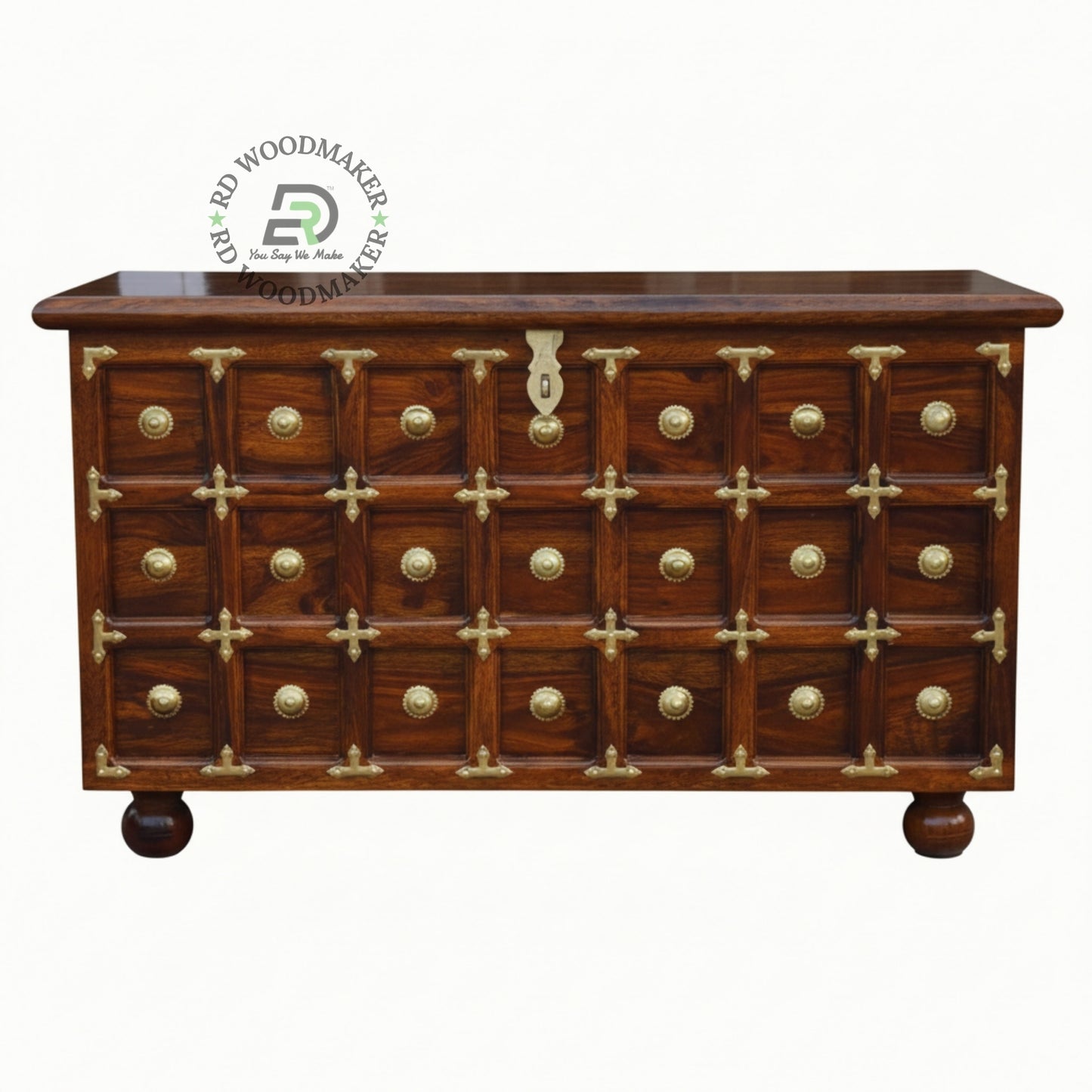 CLASSIC BRASS INLAY GRID DESIGN WOODEN STORAGE TRUNK