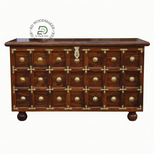 CLASSIC BRASS INLAY GRID DESIGN WOODEN STORAGE TRUNK