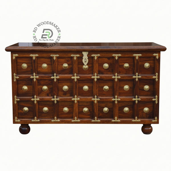 CLASSIC BRASS INLAY GRID DESIGN WOODEN STORAGE TRUNK