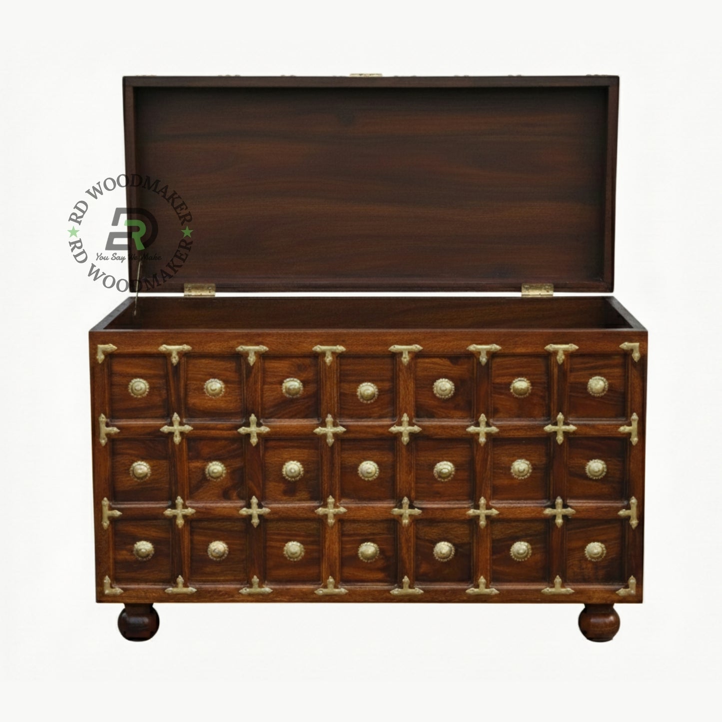CLASSIC BRASS INLAY GRID DESIGN WOODEN STORAGE TRUNK