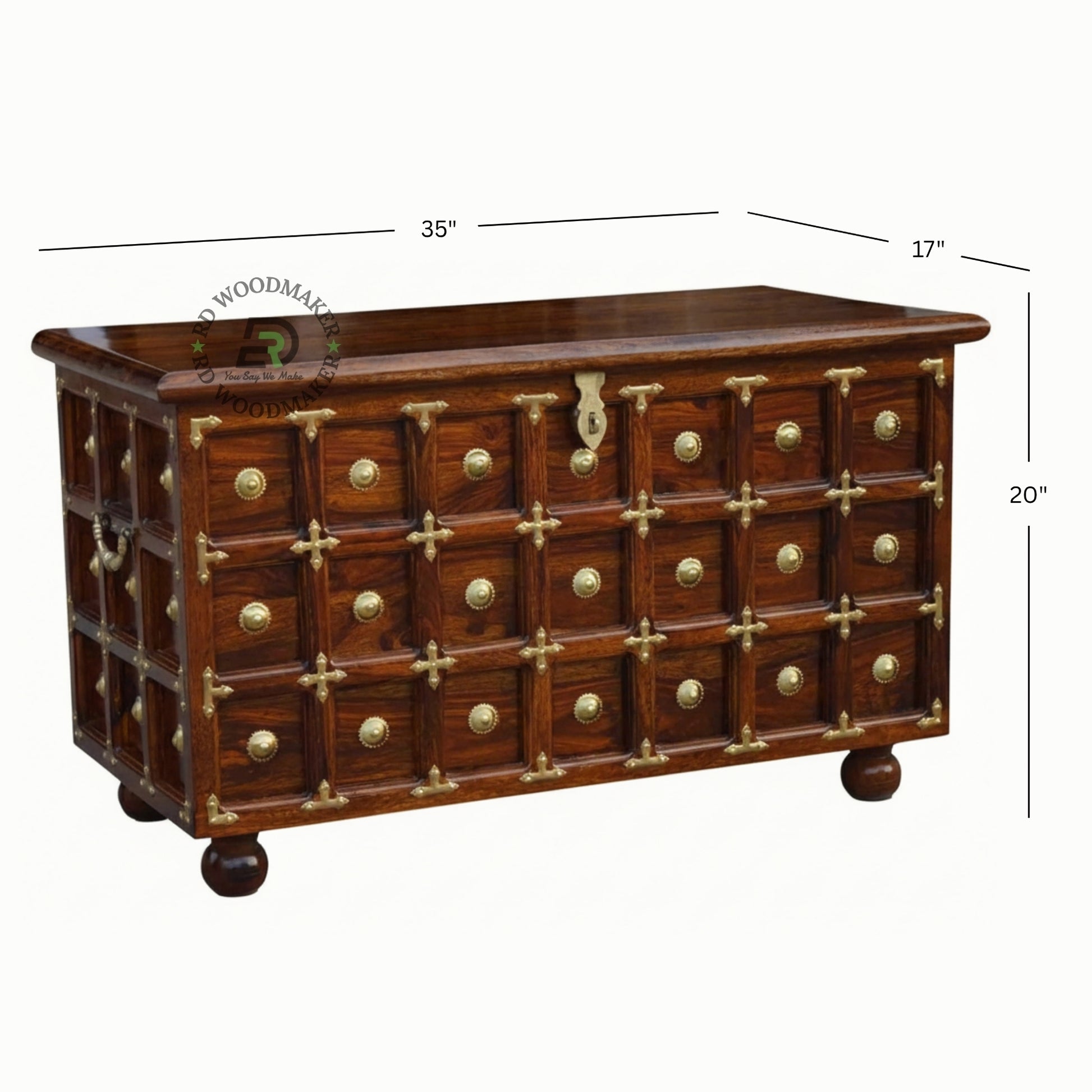 CLASSIC BRASS INLAY GRID DESIGN WOODEN STORAGE TRUNK
