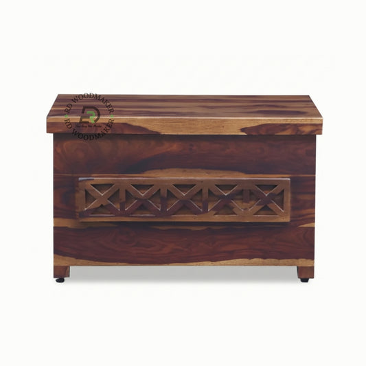 MODERN MINIMALIST SHEESHAM WOOD STORAGE TRUNK WITH CARVED PANEL