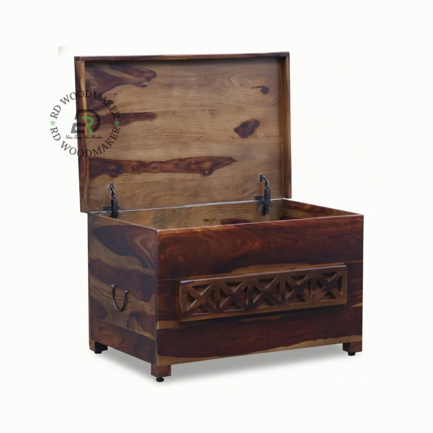 MODERN MINIMALIST SHEESHAM WOOD STORAGE TRUNK WITH CARVED PANEL