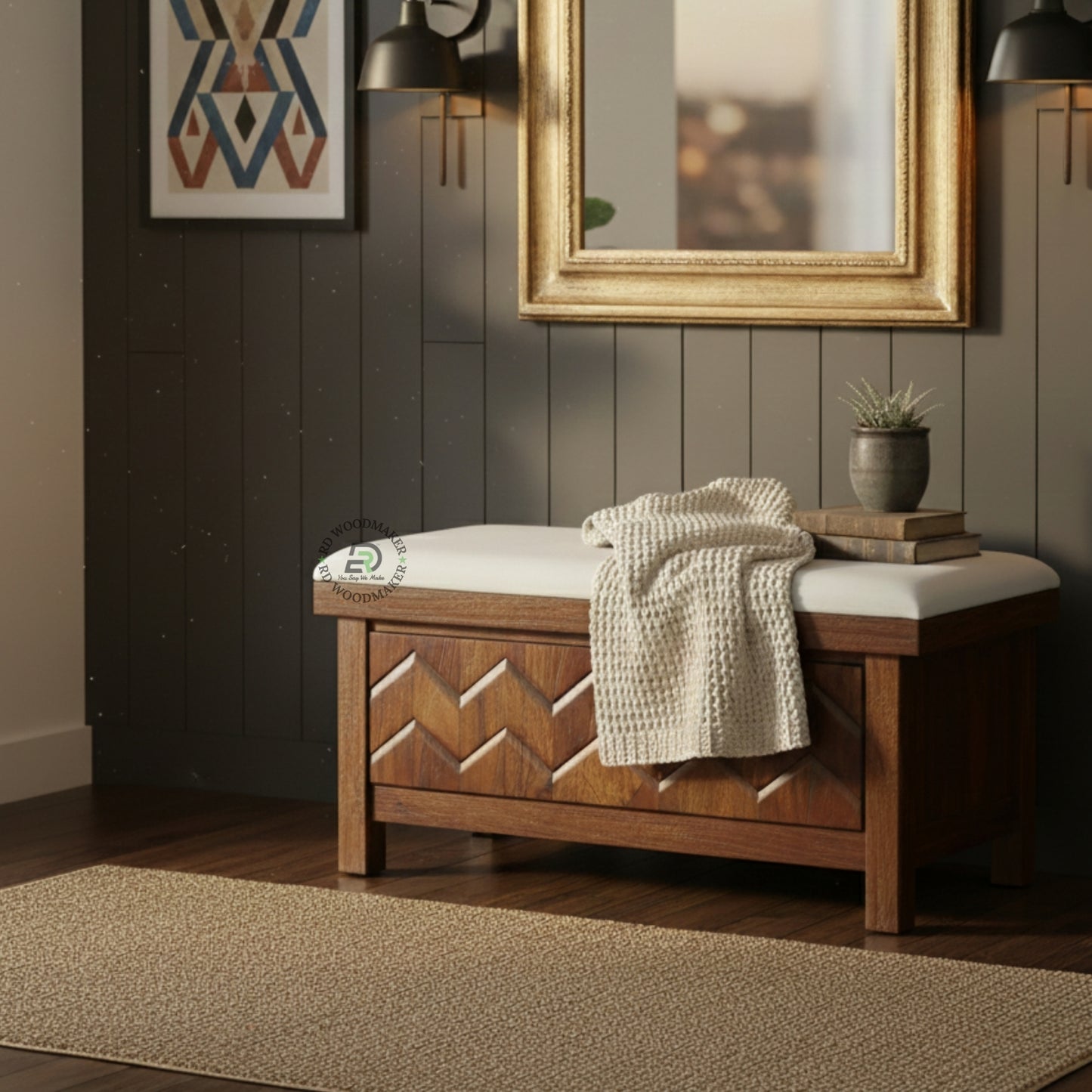 UPHOLSTERED TOP ZIGZAG PATTERN WOODEN STORAGE BENCH TRUNK