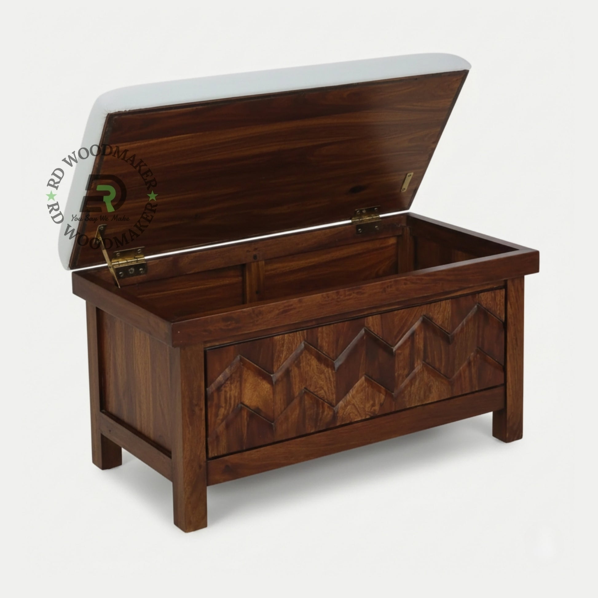UPHOLSTERED TOP ZIGZAG PATTERN WOODEN STORAGE BENCH TRUNK