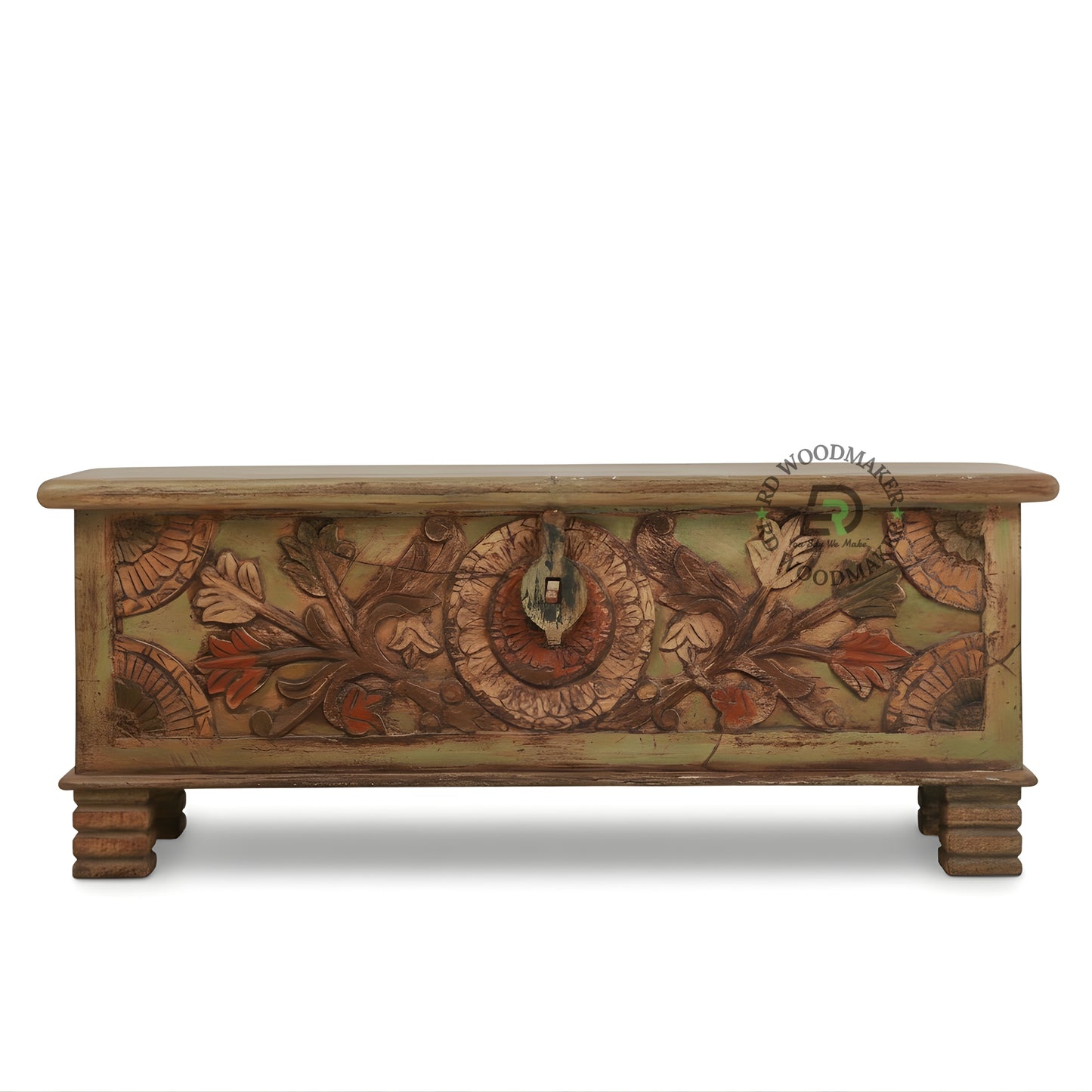 HANDCRAFTED DISTRESSED FLORAL CARVED WOODEN STORAGE TRUNK