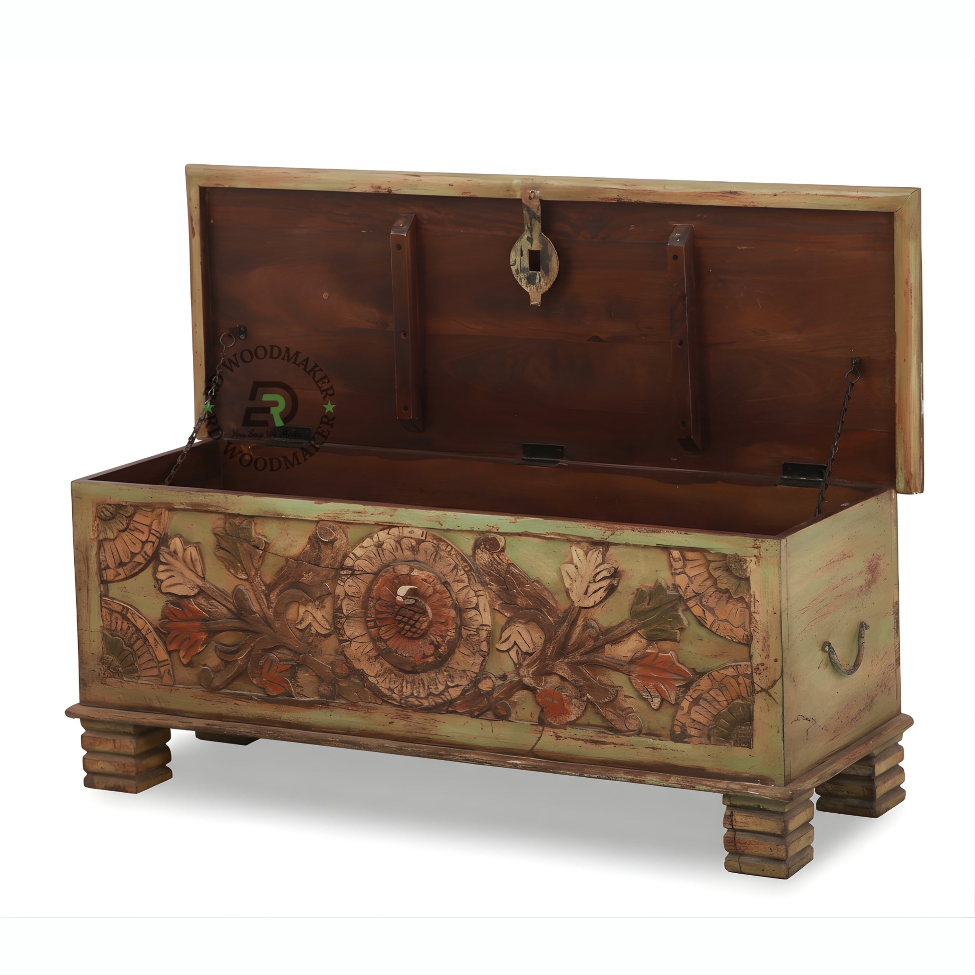 HANDCRAFTED DISTRESSED FLORAL CARVED WOODEN STORAGE TRUNK