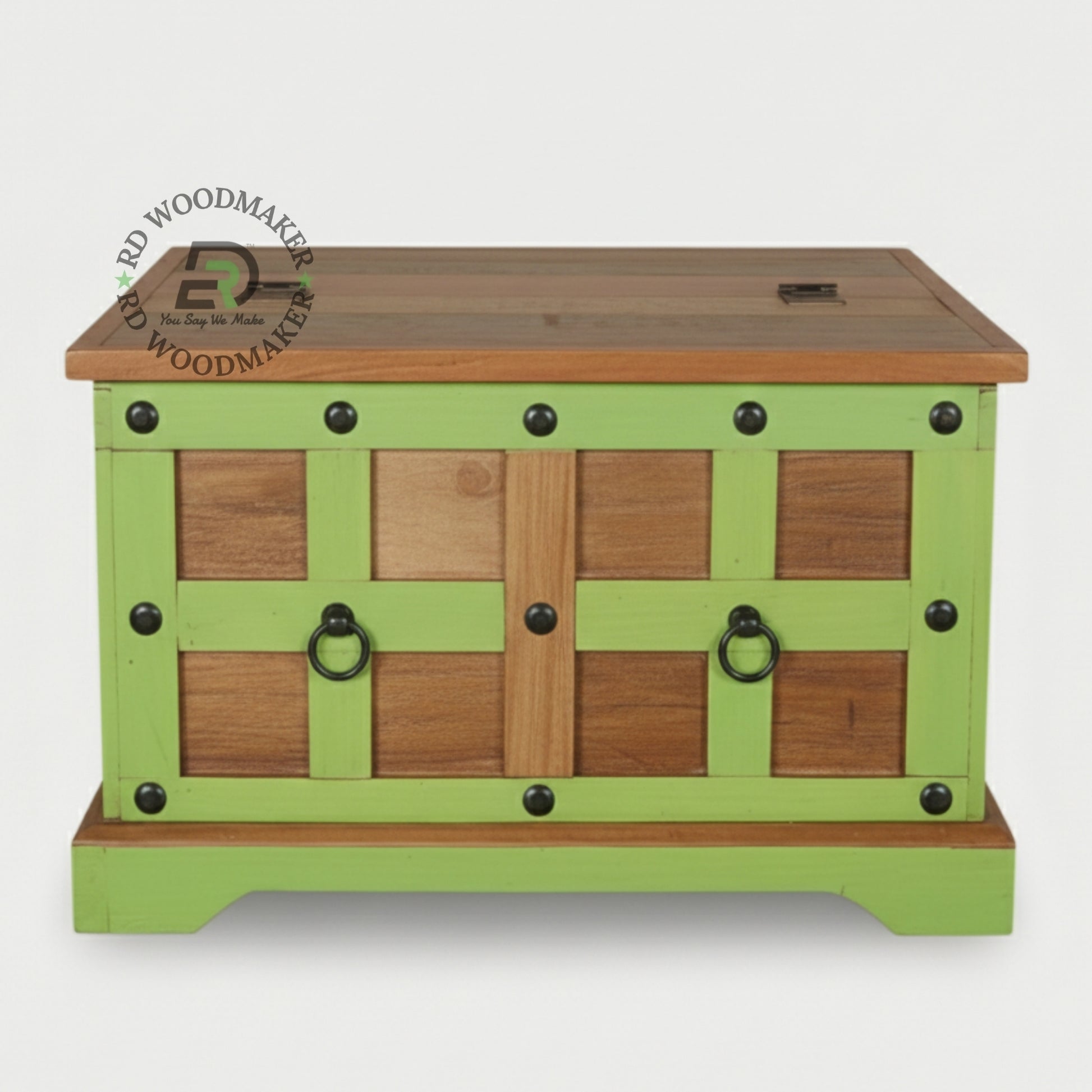 COLORFUL GREEN FRAME WOODEN STORAGE TRUNK WITH METAL ACCENTS