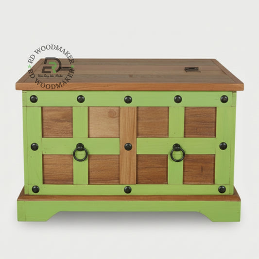 COLORFUL GREEN FRAME WOODEN STORAGE TRUNK WITH METAL ACCENTS