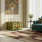 COLORFUL GREEN FRAME WOODEN STORAGE TRUNK WITH METAL ACCENTS