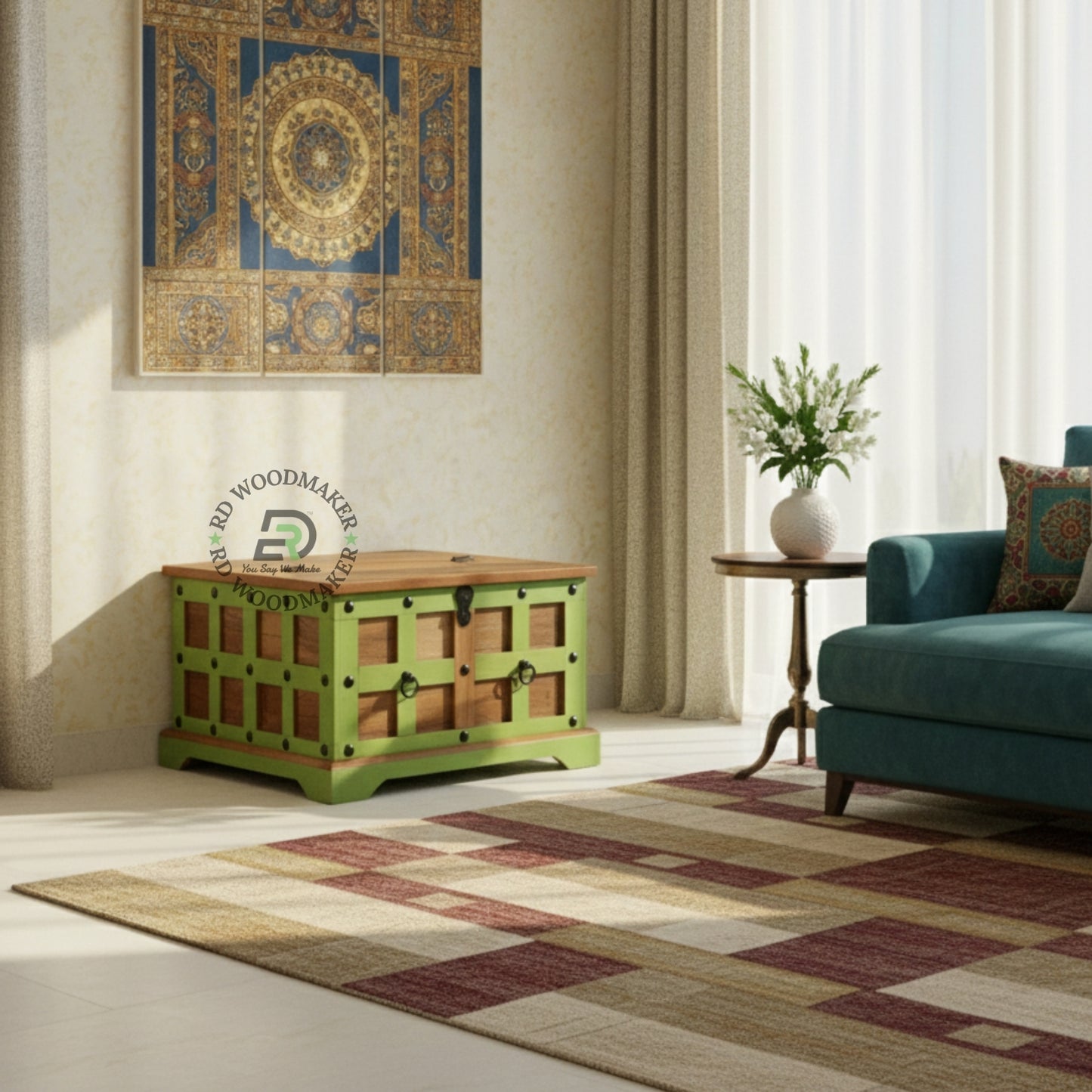 COLORFUL GREEN FRAME WOODEN STORAGE TRUNK WITH METAL ACCENTS
