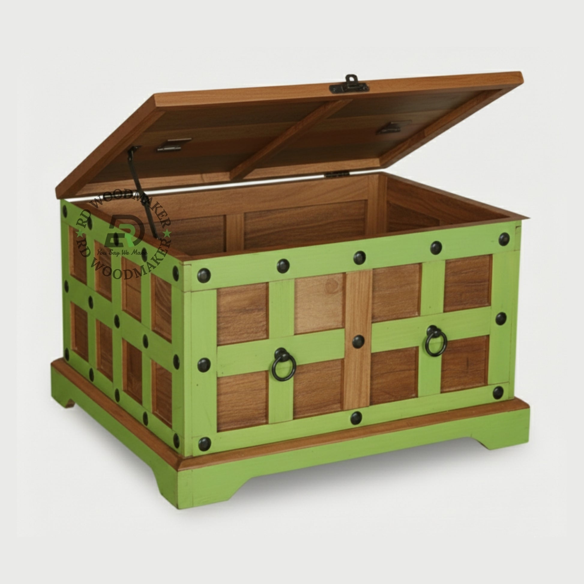COLORFUL GREEN FRAME WOODEN STORAGE TRUNK WITH METAL ACCENTS
