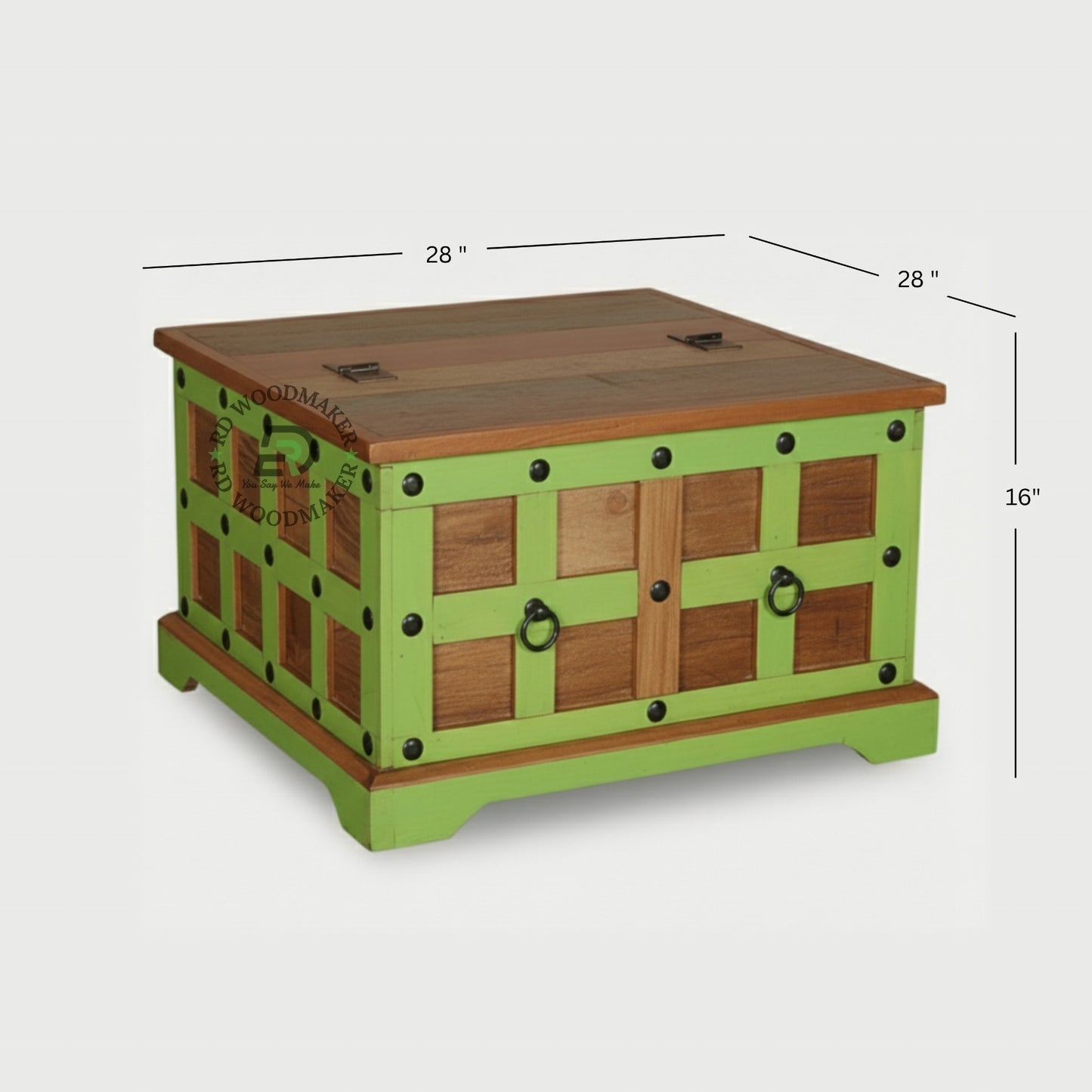 COLORFUL GREEN FRAME WOODEN STORAGE TRUNK WITH METAL ACCENTS