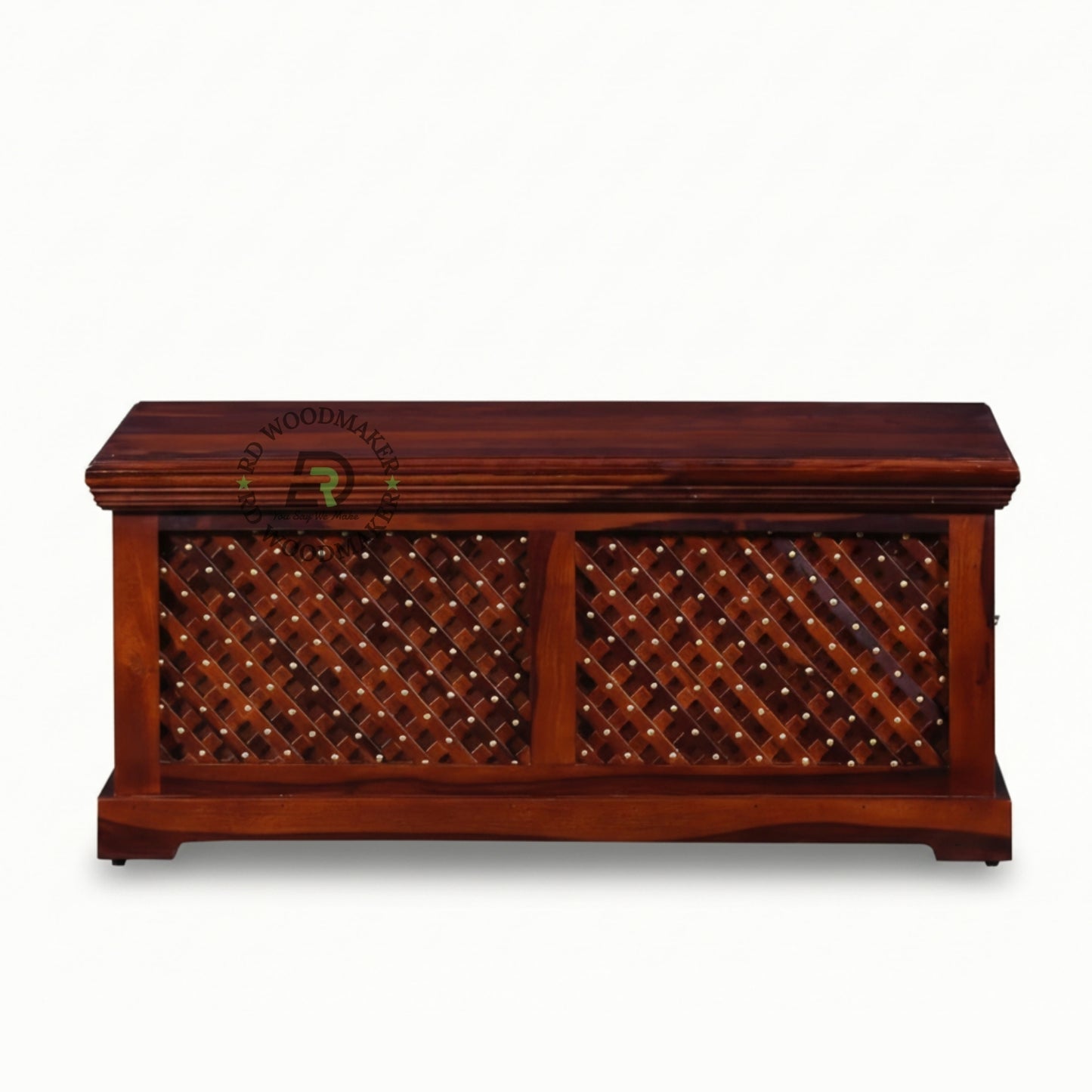 HANDCRAFTED WOODEN TRUNK WITH LATTICE CARVED FRONT PANEL