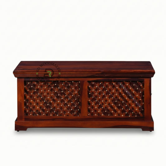 HANDCRAFTED WOODEN TRUNK WITH LATTICE CARVED FRONT PANEL