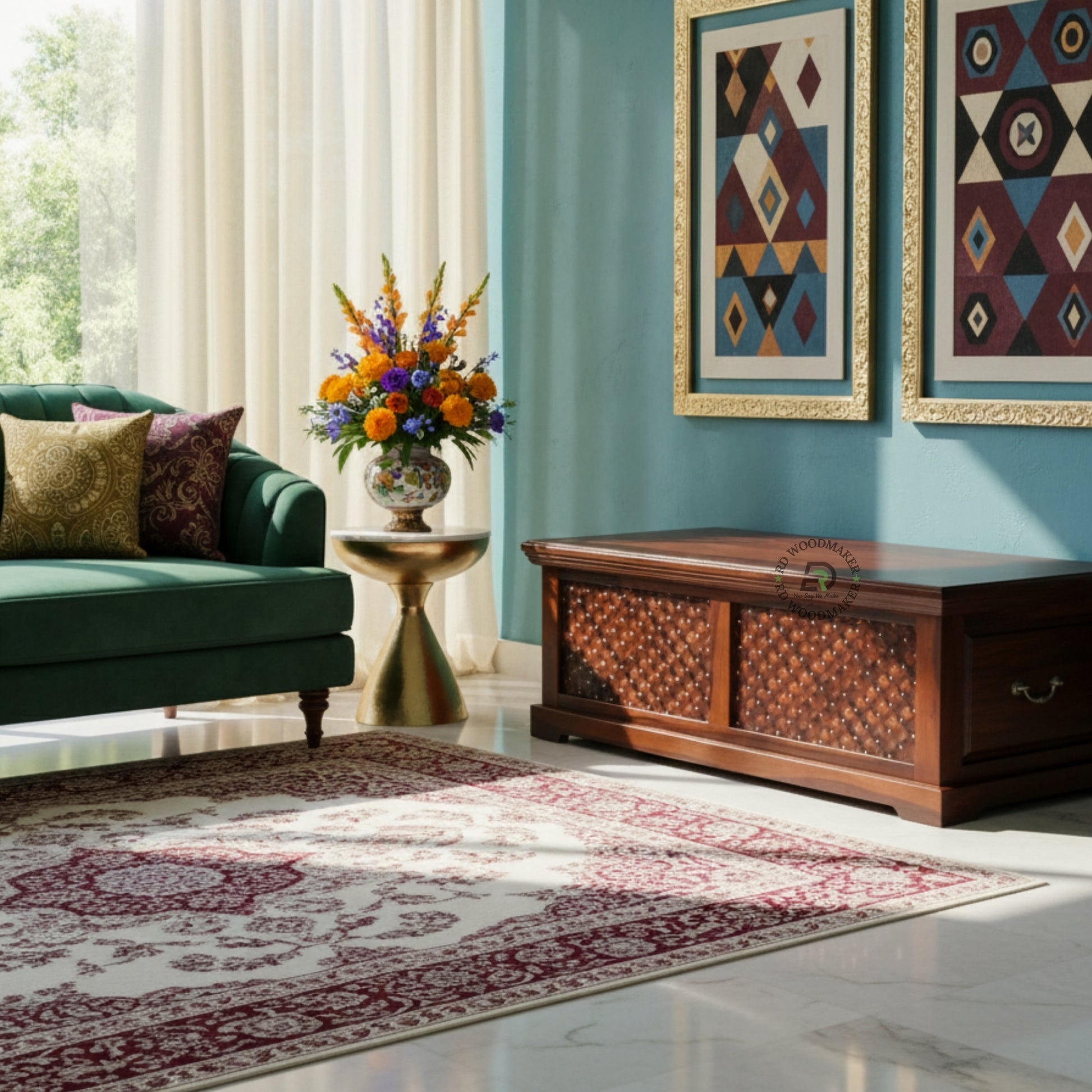 HANDCRAFTED WOODEN TRUNK WITH LATTICE CARVED FRONT PANEL