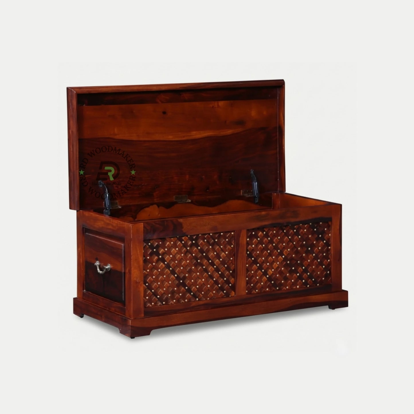 HANDCRAFTED WOODEN TRUNK WITH LATTICE CARVED FRONT PANEL
