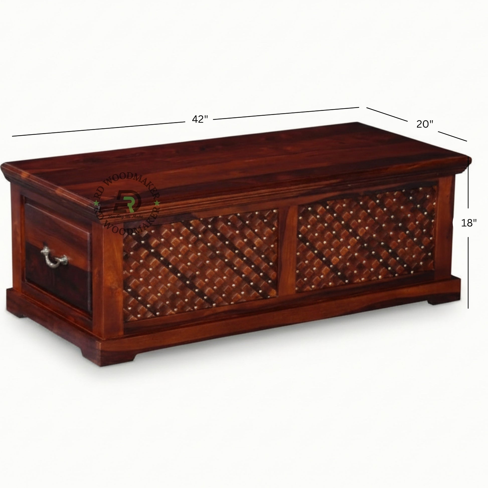 HANDCRAFTED WOODEN TRUNK WITH LATTICE CARVED FRONT PANEL