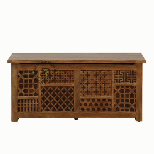 DECORATIVE PATCHWORK DESIGN SOLID WOOD STORAGE TRUNK