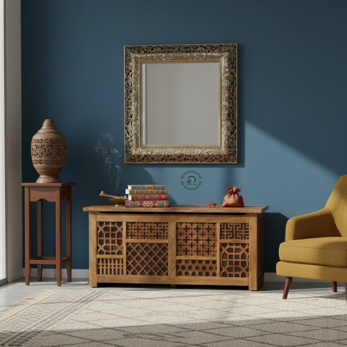 DECORATIVE PATCHWORK DESIGN SOLID WOOD STORAGE TRUNK