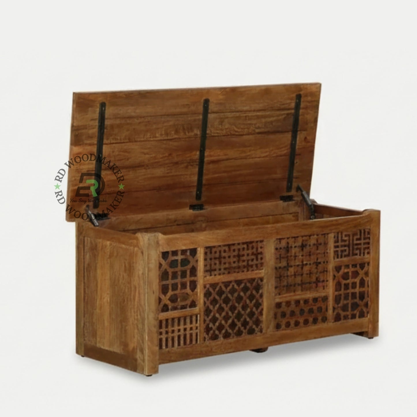 DECORATIVE PATCHWORK DESIGN SOLID WOOD STORAGE TRUNK