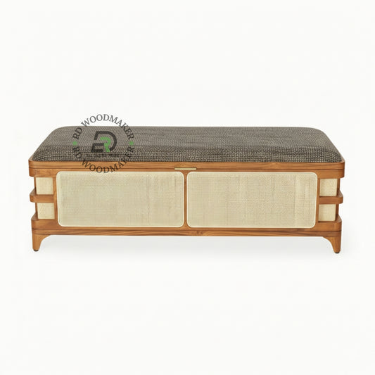 CANE PANEL UPHOLSTERED BENCH STYLE STORAGE TRUNK