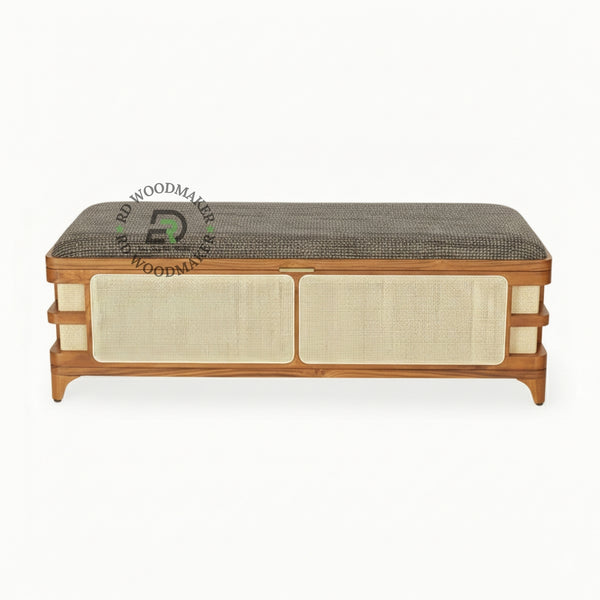 CANE PANEL UPHOLSTERED BENCH STYLE STORAGE TRUNK