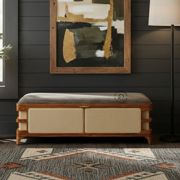 CANE PANEL UPHOLSTERED BENCH STYLE STORAGE TRUNK