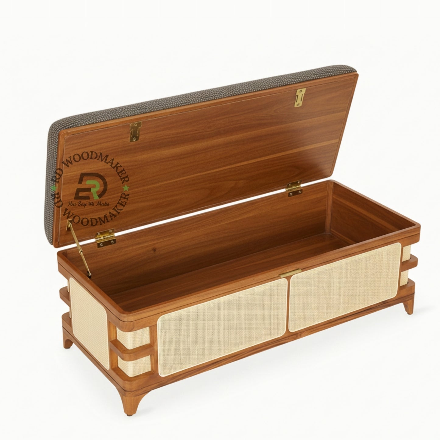 CANE PANEL UPHOLSTERED BENCH STYLE STORAGE TRUNK