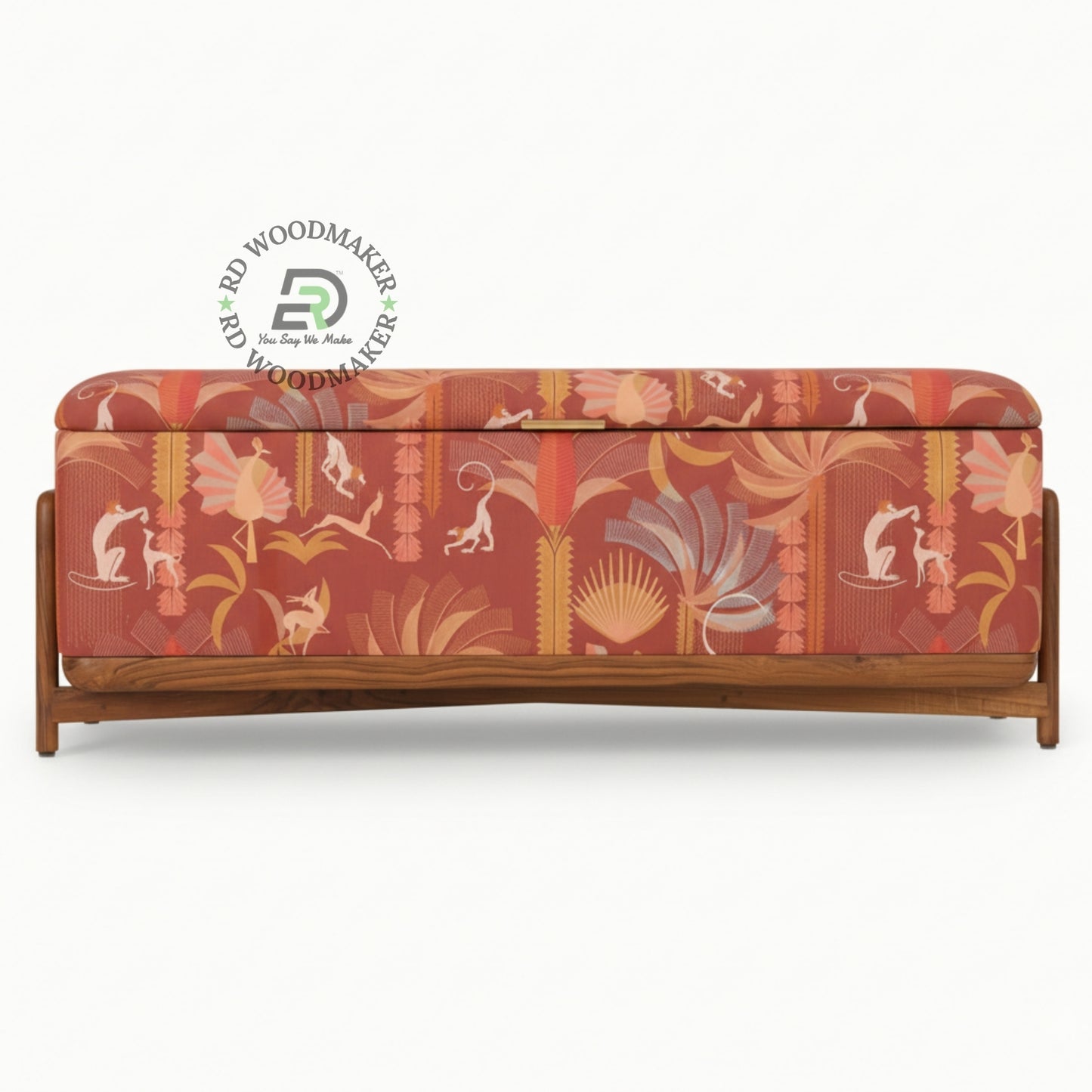 PRINTED FABRIC UPHOLSTERED STORAGE BENCH TRUNK WITH WOOD FRAME