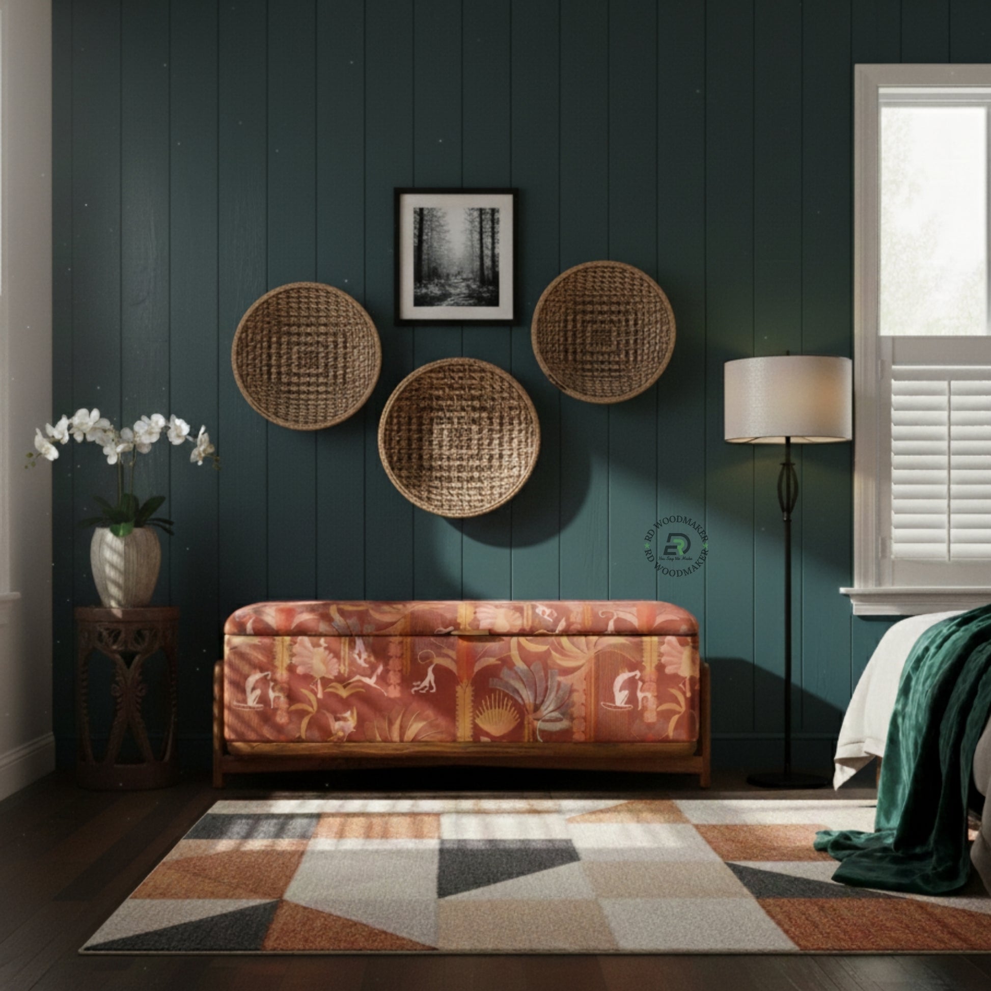PRINTED FABRIC UPHOLSTERED STORAGE BENCH TRUNK WITH WOOD FRAME