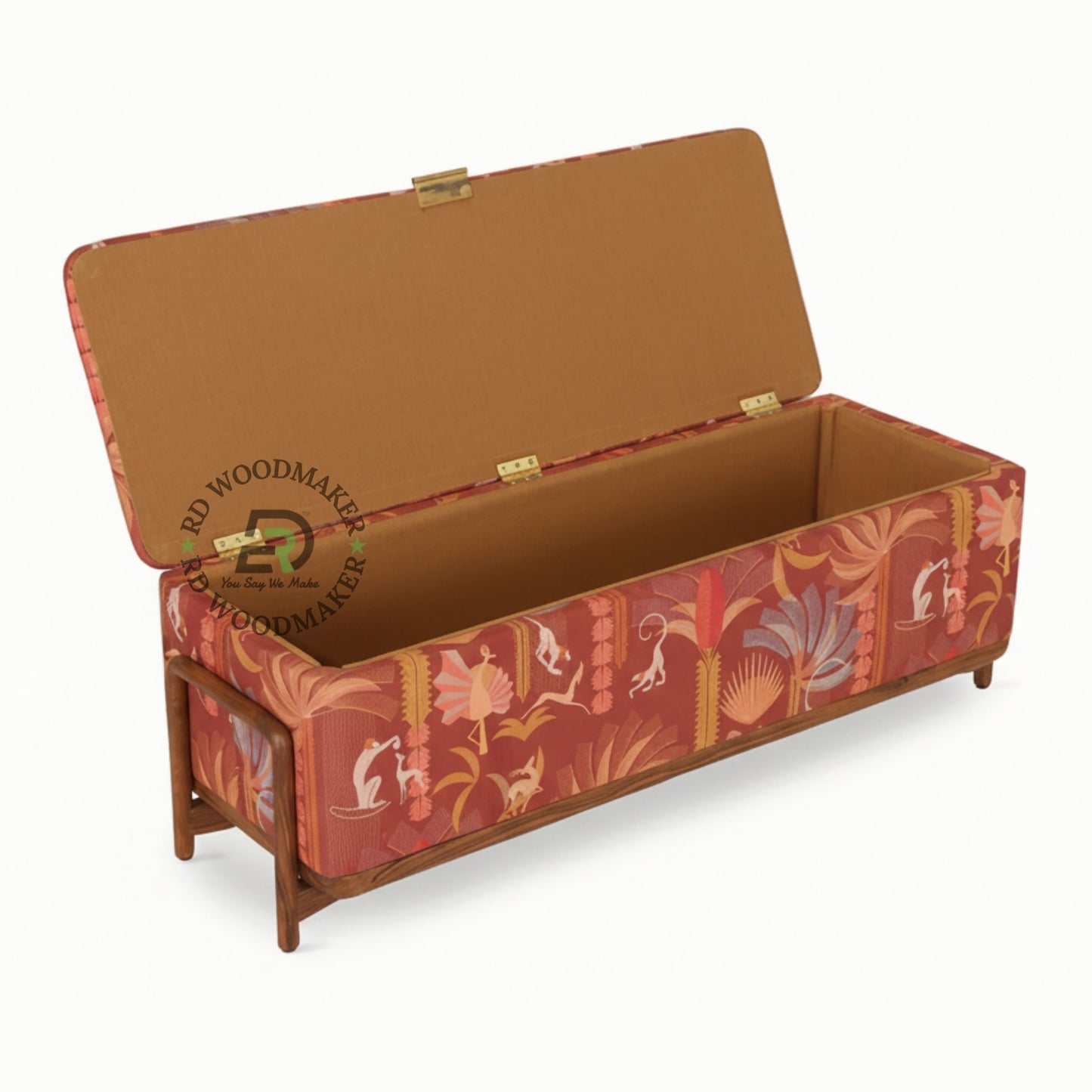 PRINTED FABRIC UPHOLSTERED STORAGE BENCH TRUNK WITH WOOD FRAME