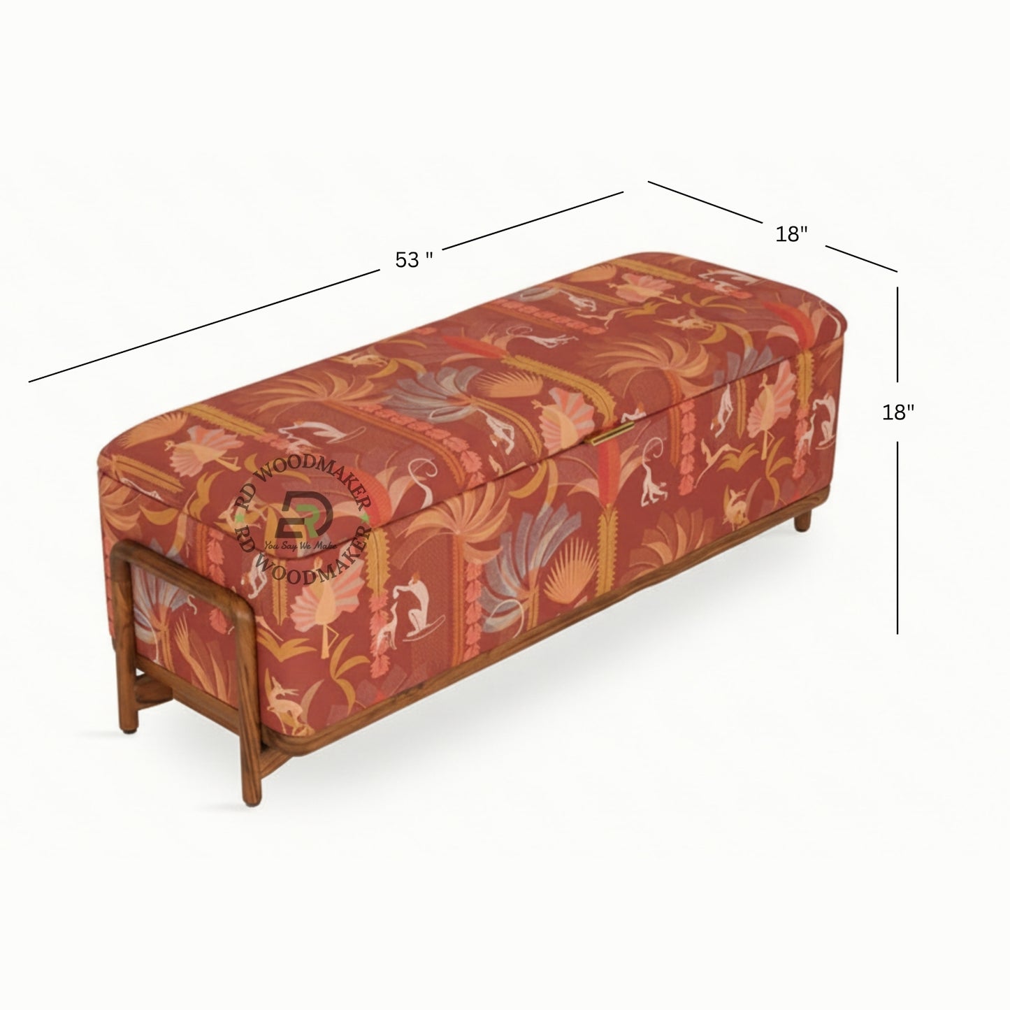 PRINTED FABRIC UPHOLSTERED STORAGE BENCH TRUNK WITH WOOD FRAME