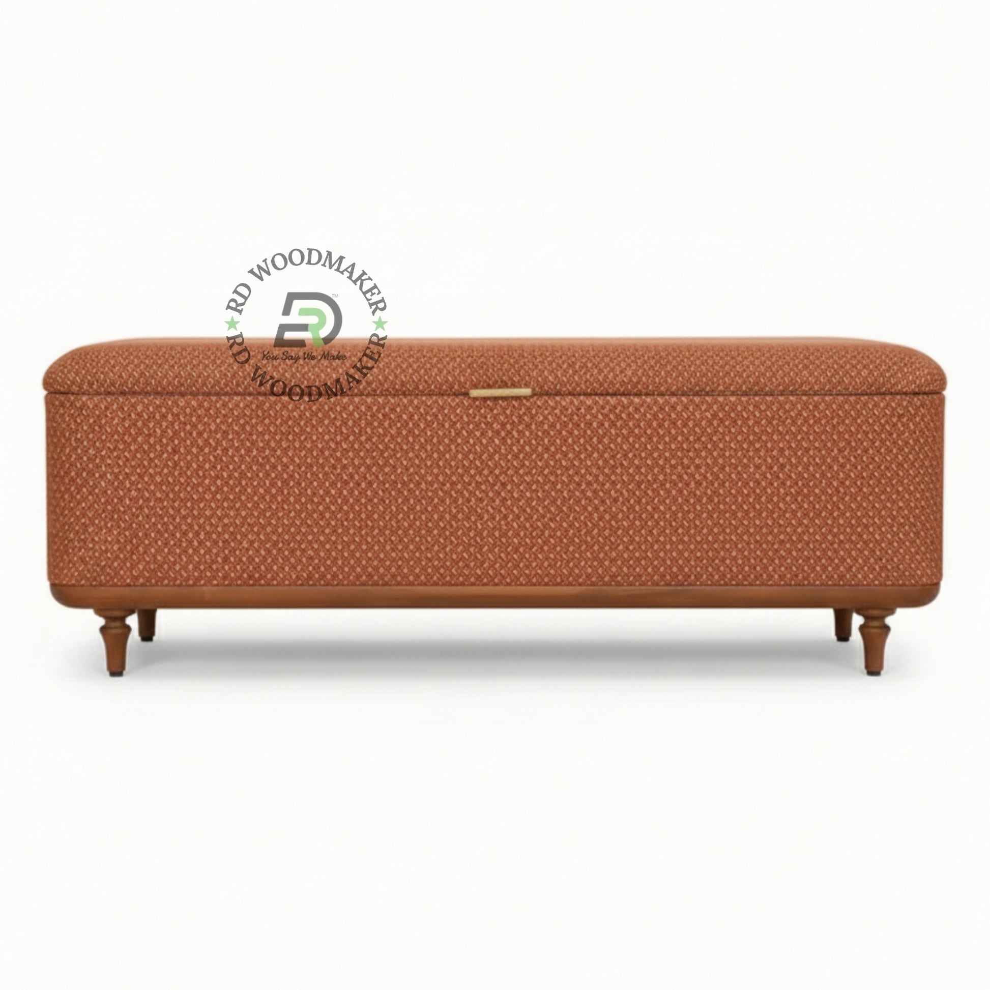 UPHOLSTERED ORANGE FABRIC STORAGE WOODEN TRUNK BENCH