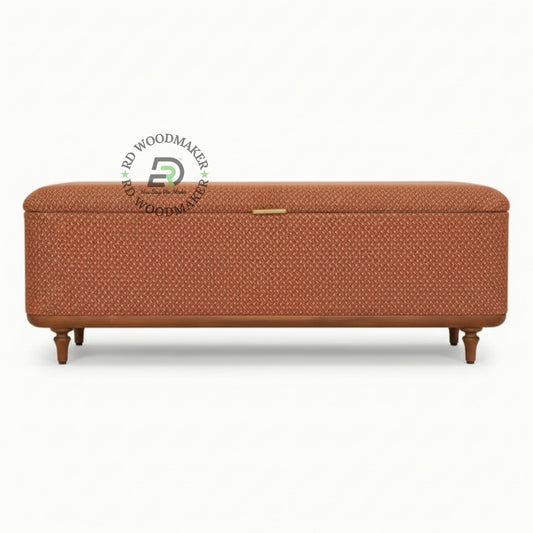 UPHOLSTERED ORANGE FABRIC STORAGE WOODEN TRUNK BENCH