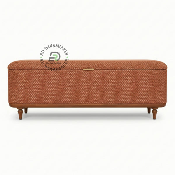 UPHOLSTERED ORANGE FABRIC STORAGE WOODEN TRUNK BENCH