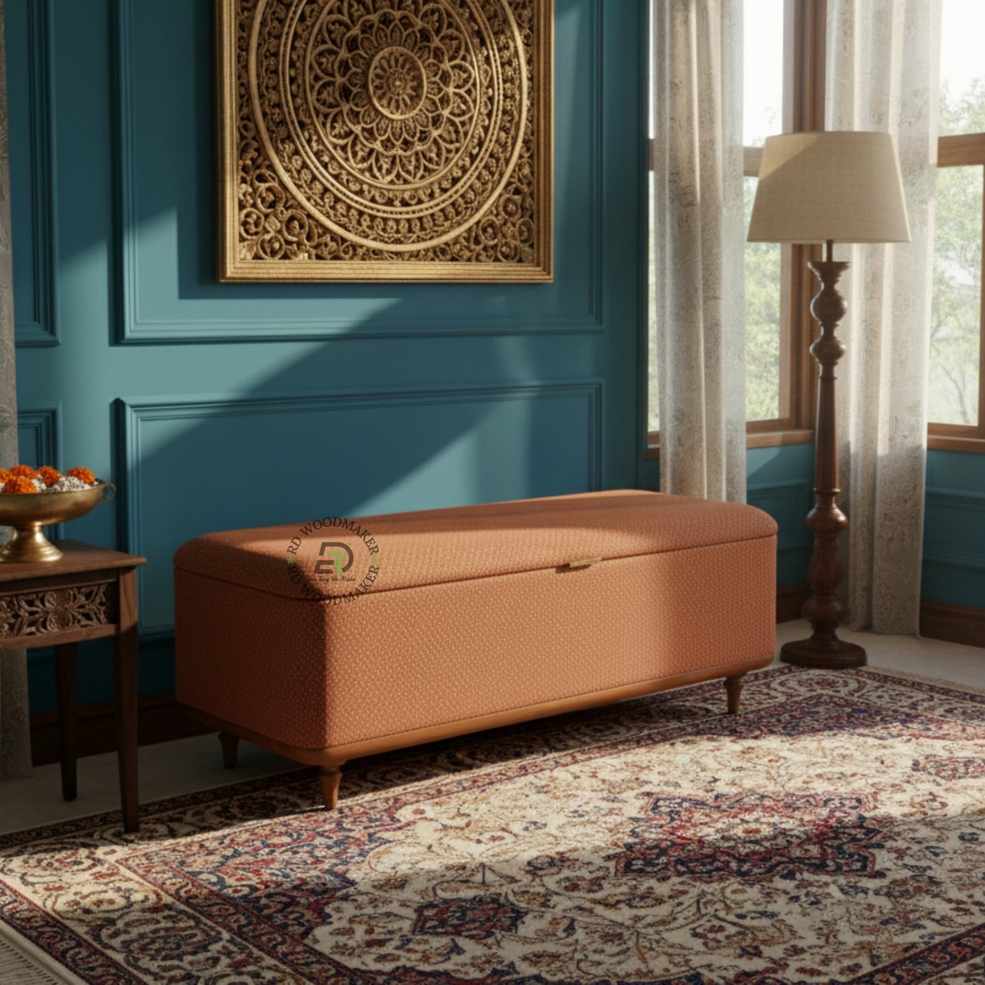UPHOLSTERED ORANGE FABRIC STORAGE WOODEN TRUNK BENCH