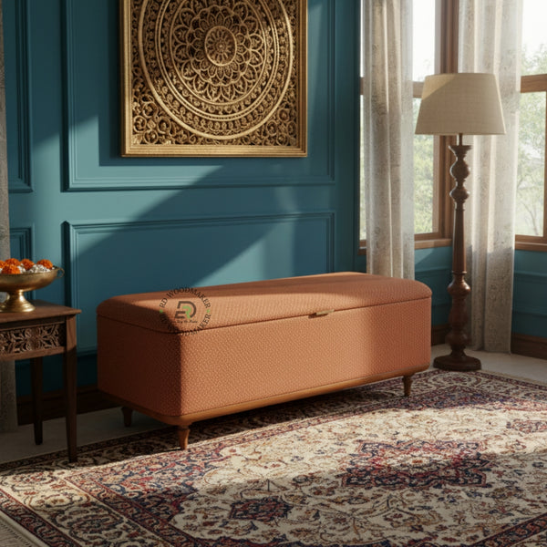 UPHOLSTERED ORANGE FABRIC STORAGE WOODEN TRUNK BENCH