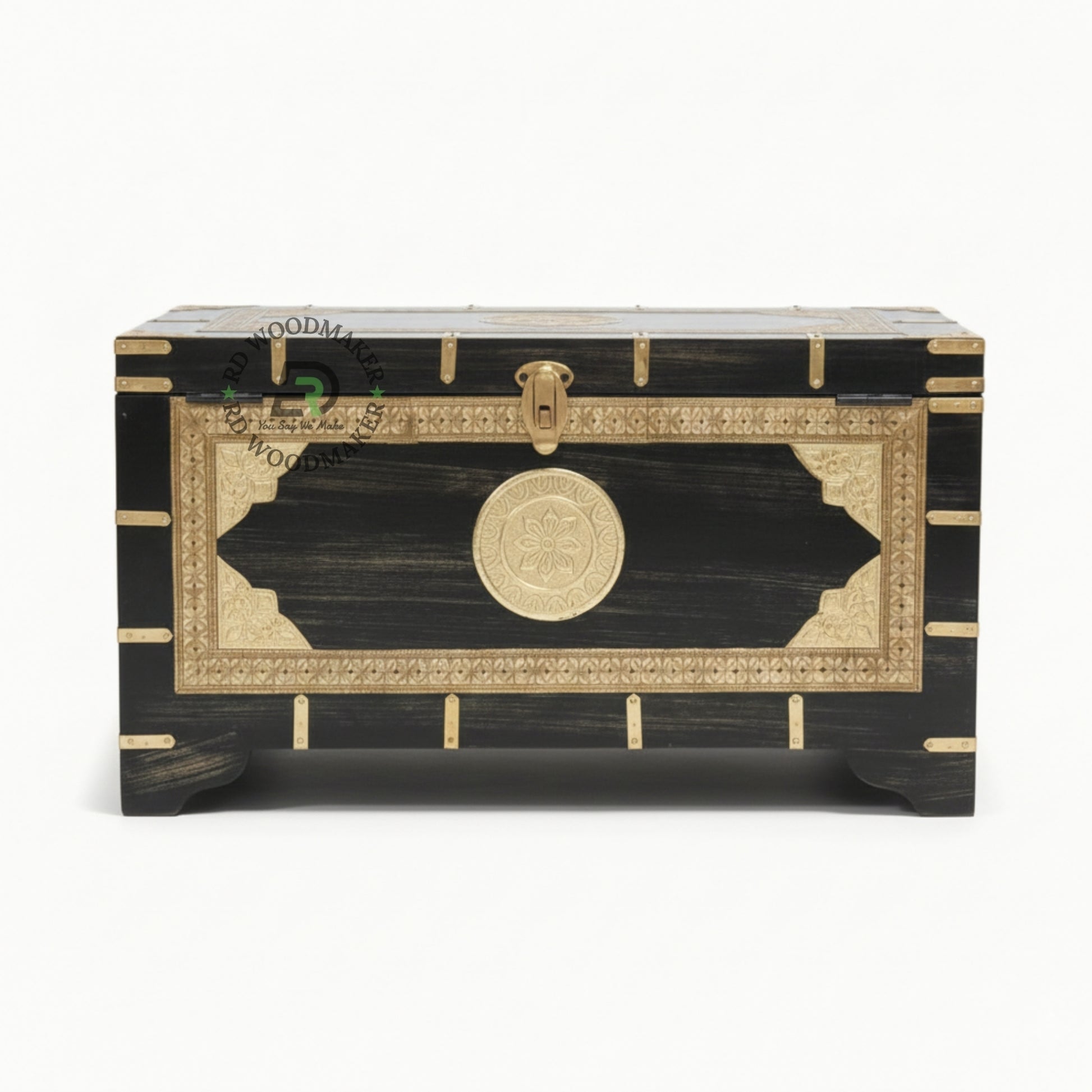 HANDCRAFTED BLACK AND GOLD CARVED VINTAGE WOODEN STORAGE TRUNK