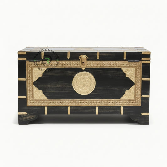 HANDCRAFTED BLACK AND GOLD CARVED VINTAGE WOODEN STORAGE TRUNK