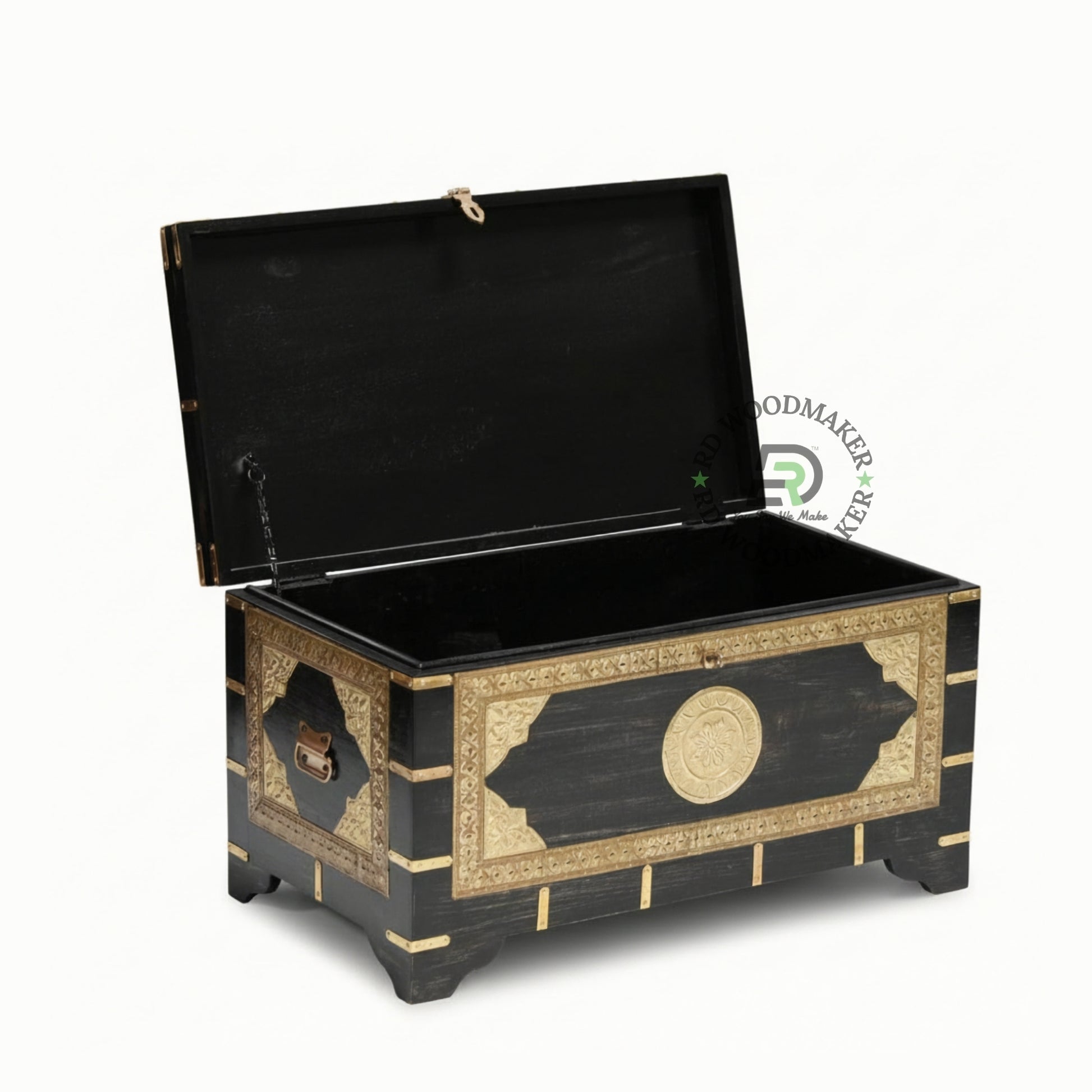 HANDCRAFTED BLACK AND GOLD CARVED VINTAGE WOODEN STORAGE TRUNK