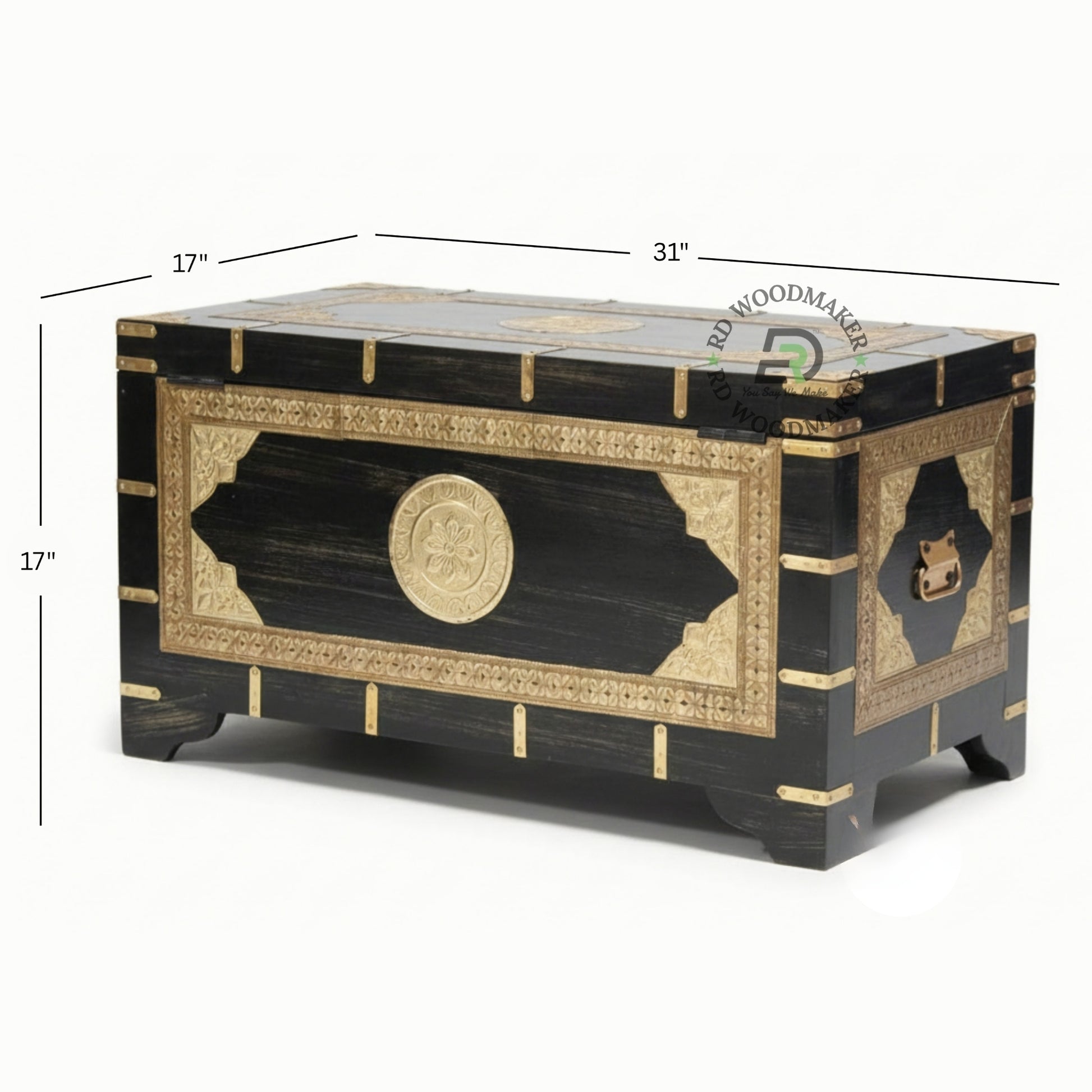 HANDCRAFTED BLACK AND GOLD CARVED VINTAGE WOODEN STORAGE TRUNK