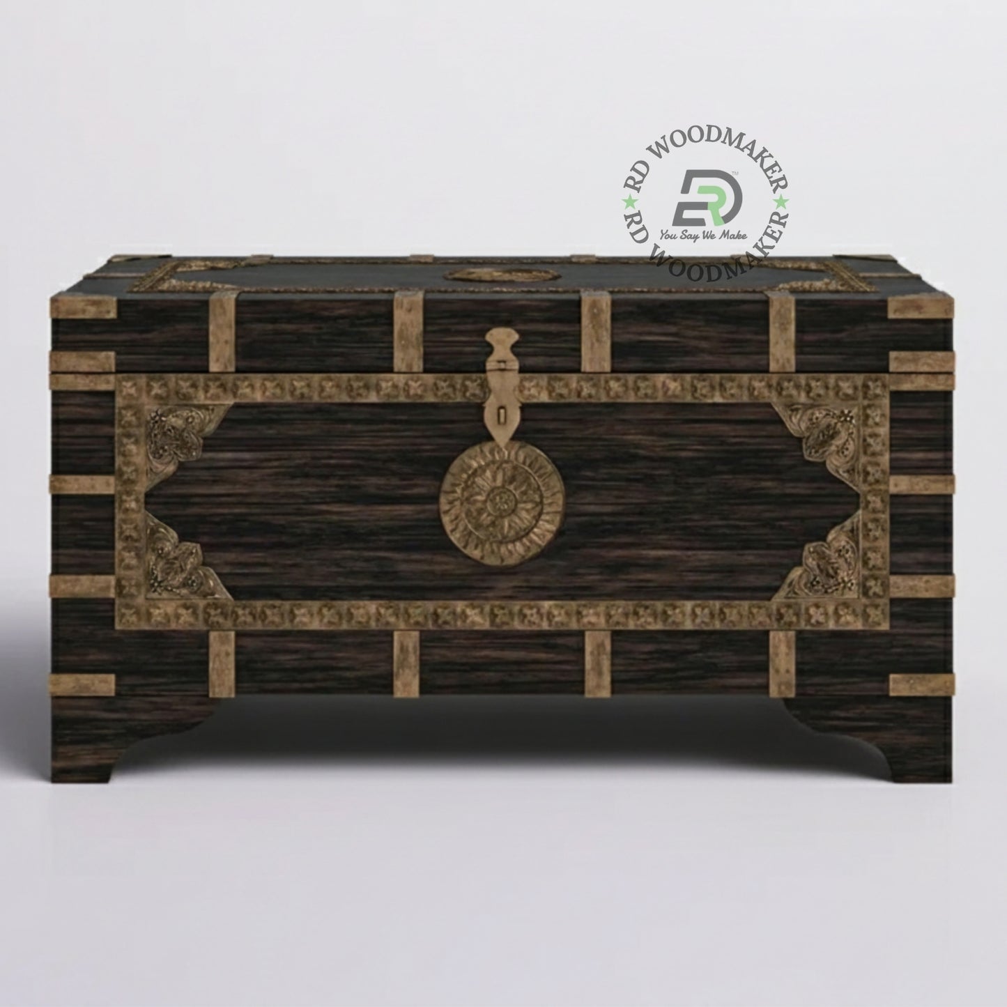 DISTRESSED BLACK ANTIQUE STYLE WOODEN STORAGE CHEST WITH METAL DETAILS