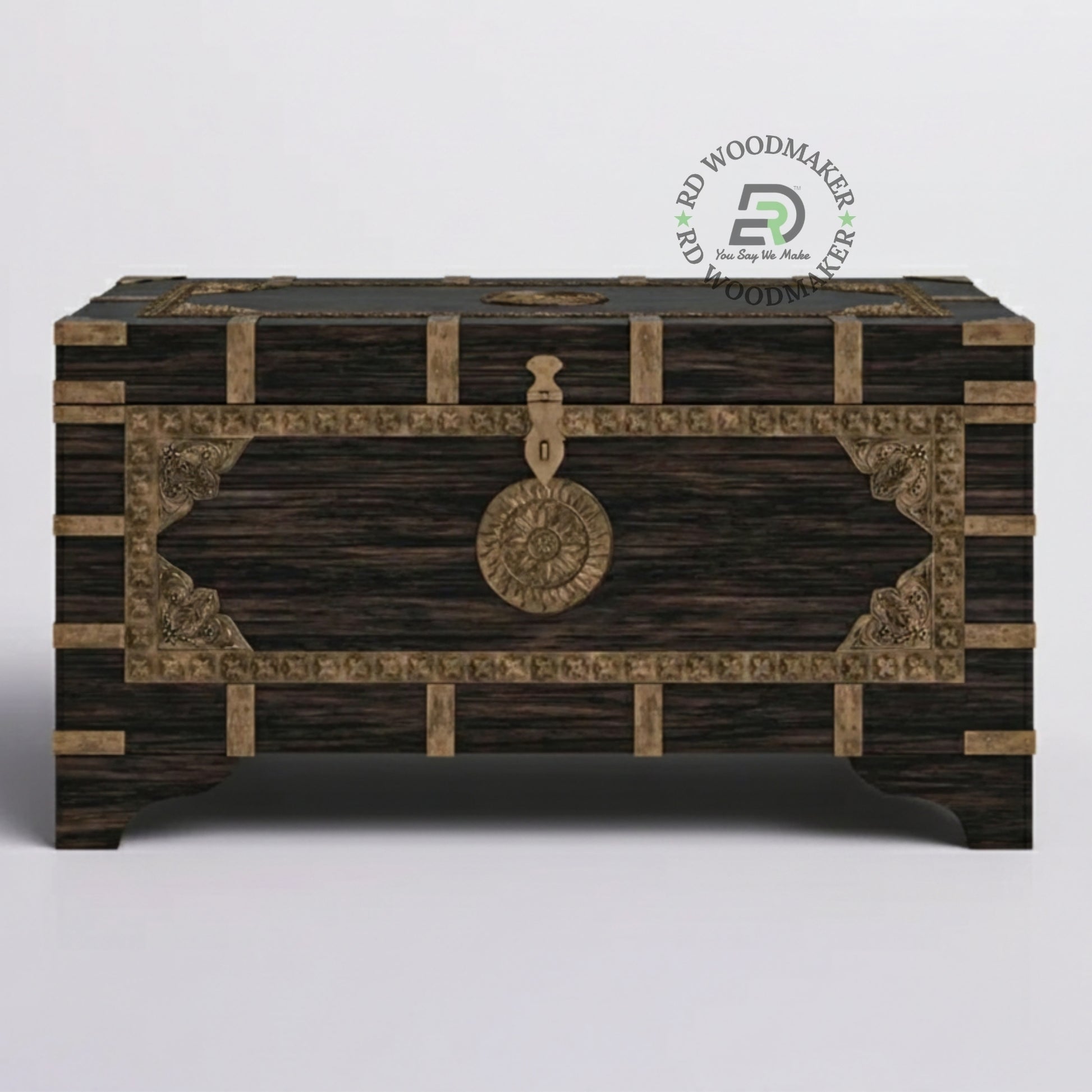 DISTRESSED BLACK ANTIQUE STYLE WOODEN STORAGE CHEST WITH METAL DETAILS