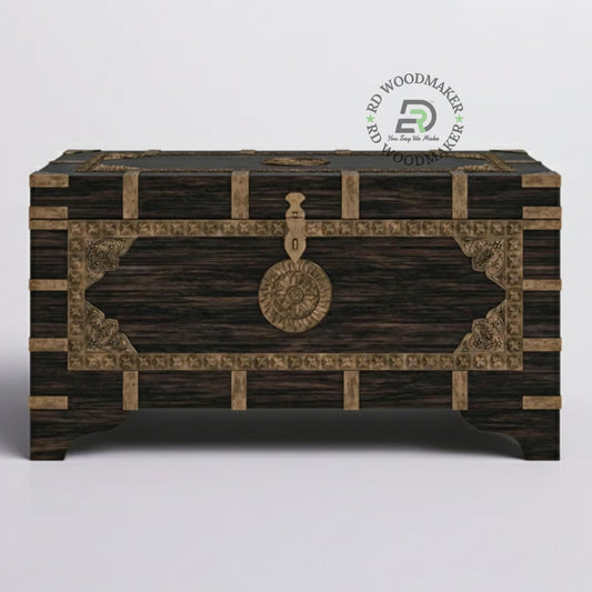 DISTRESSED BLACK ANTIQUE STYLE WOODEN STORAGE CHEST WITH METAL DETAILS