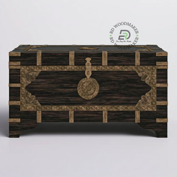 DISTRESSED BLACK ANTIQUE STYLE WOODEN STORAGE CHEST WITH METAL DETAILS