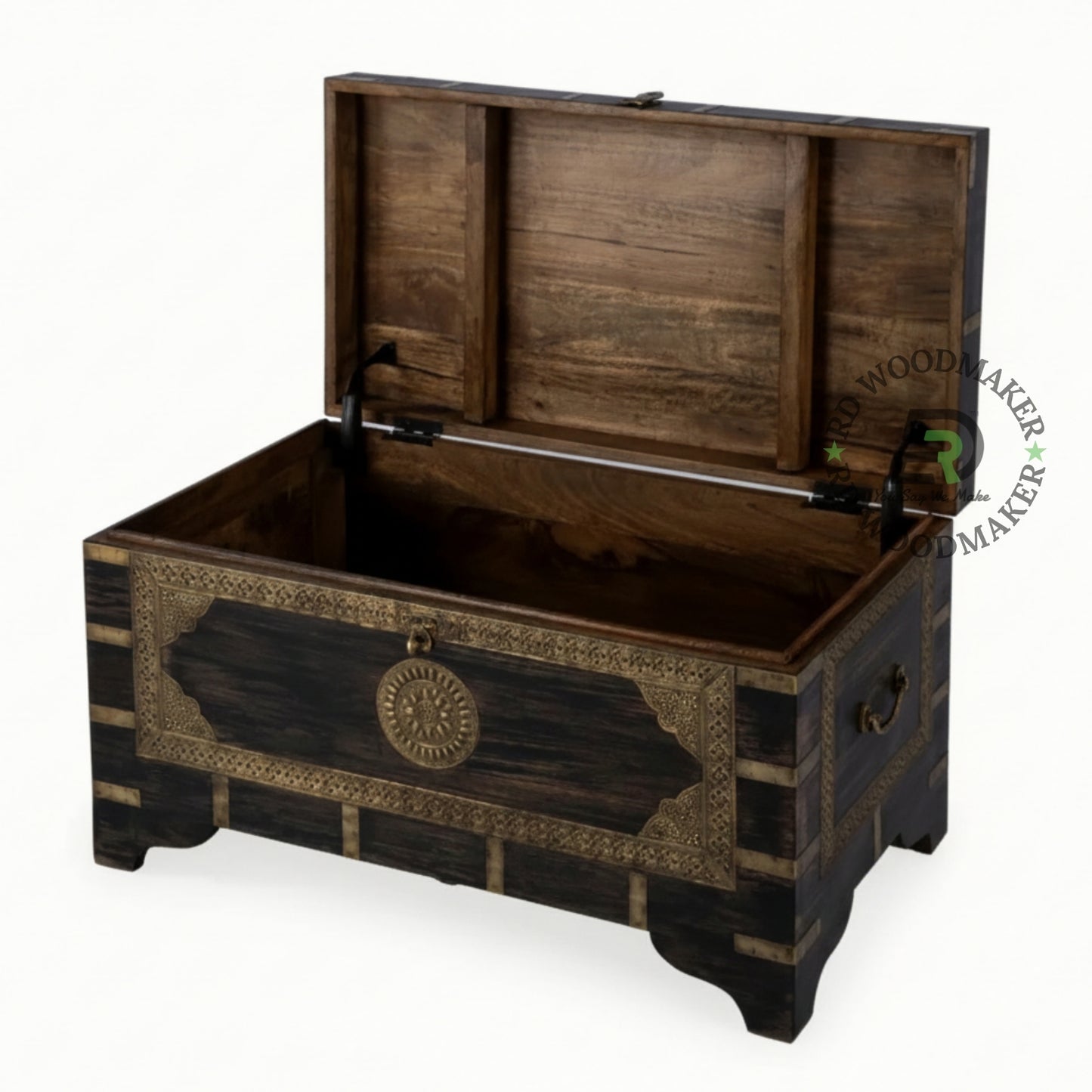 DISTRESSED BLACK ANTIQUE STYLE WOODEN STORAGE CHEST WITH METAL DETAILS