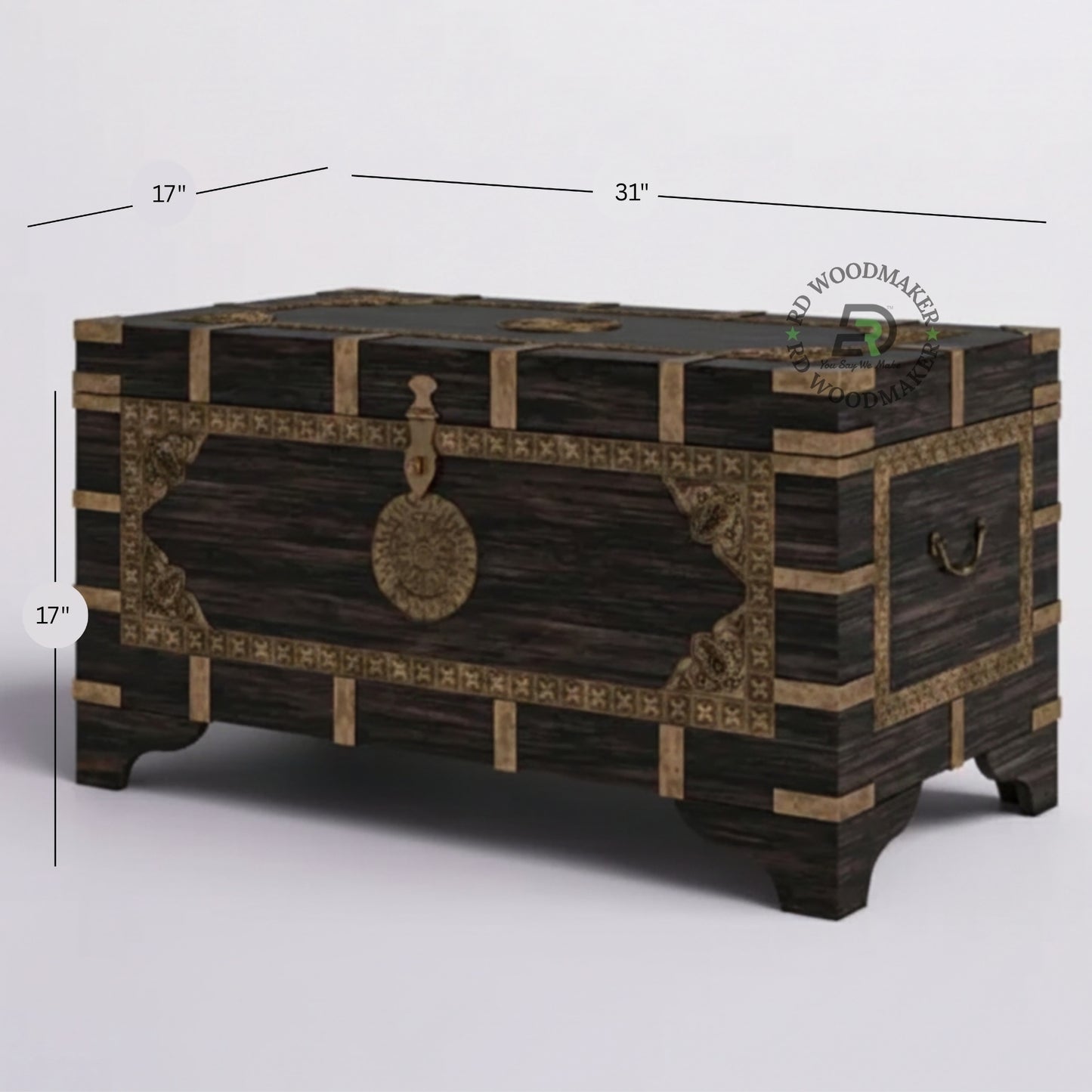 DISTRESSED BLACK ANTIQUE STYLE WOODEN STORAGE CHEST WITH METAL DETAILS