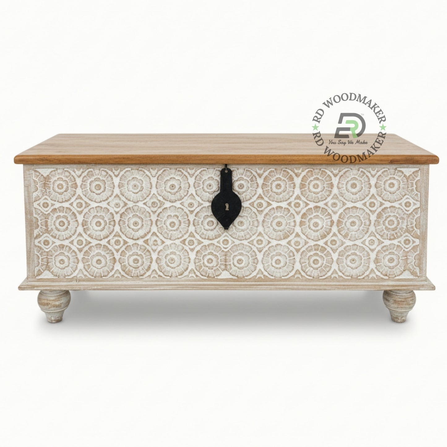 HANDCARVED WHITE WASH FLORAL DESIGN WOODEN STORAGE TRUNK